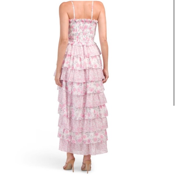 NWT Dalia Macphee Pink Floral Tiered Maxi Dress Smocked Tiered Bodice Wedding L - Picture 5 of 14